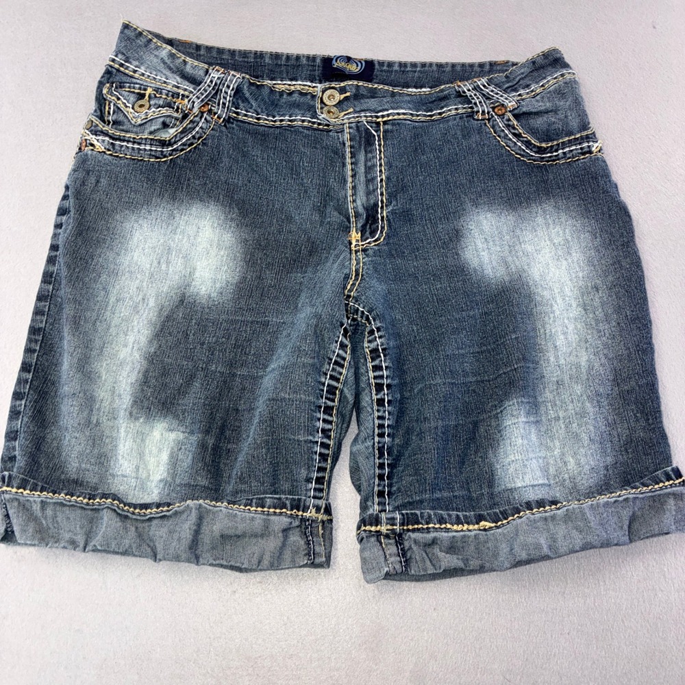 Angels Y2k Denim Bermuda Shorts Women 13 Blue Contrast Stitch Cuffed